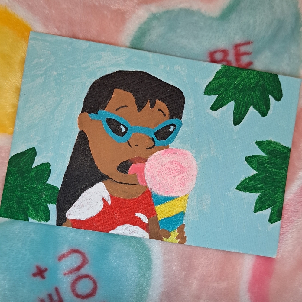 4/$15 🌻 Lilo & Stitch - Lilo Licking Snow Cone Acrylic Canvas Postcard Painting